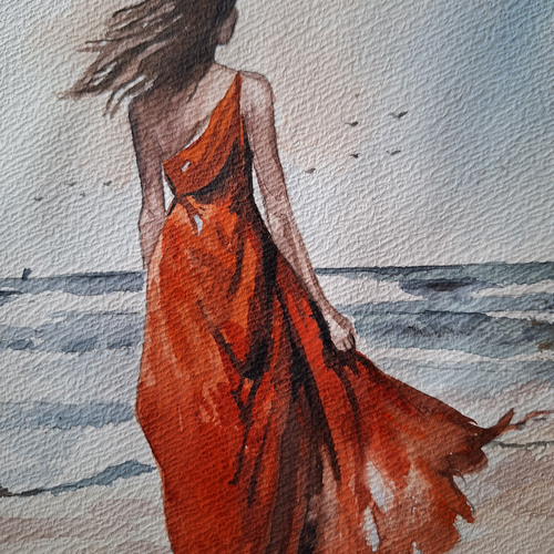 送料無料 百貨店 絵画 海岸を散歩する美女 水彩画 makochin 17998092 通販 絵画