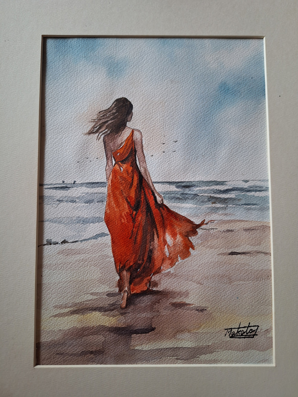 水彩画 海岸を散歩する美女 絵画 makochin 通販 17998092