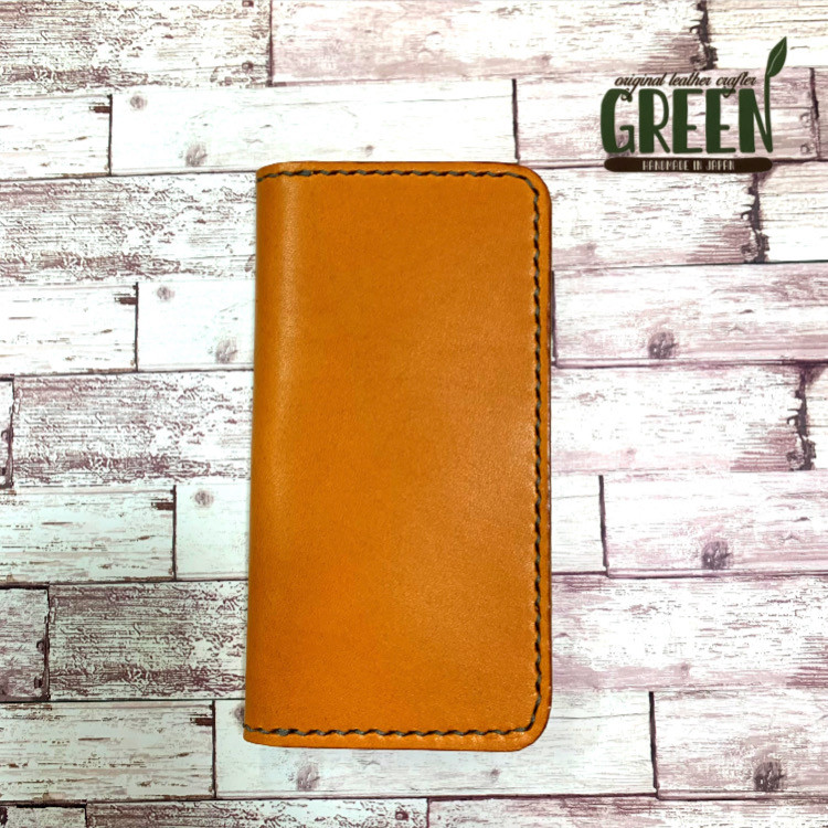 サイドポケット付き　栃木レザー　キャメル　iPhoneケース 手帳型　本革　スマホケース　おしゃれ　経年変化　レザー
