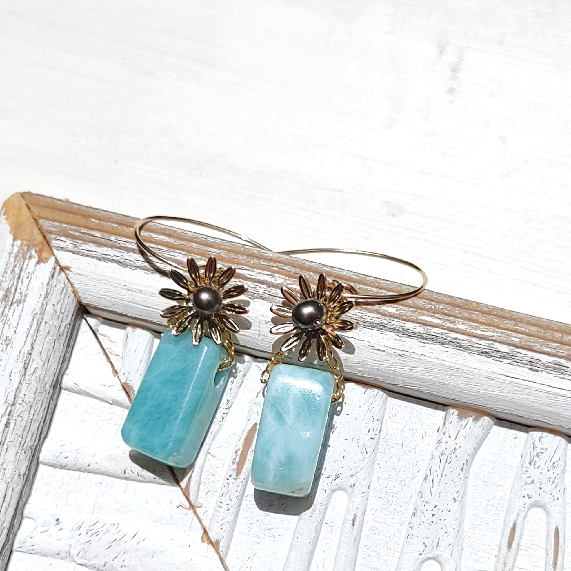 超サプライズ！！❁Larimar ＆ flower earrings 14kgf❁優しく可愛いラリマー