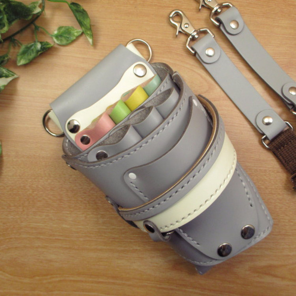 手縫い 本革 7丁差し シザーケース (ライトグレー×カラフル ) SCA-110