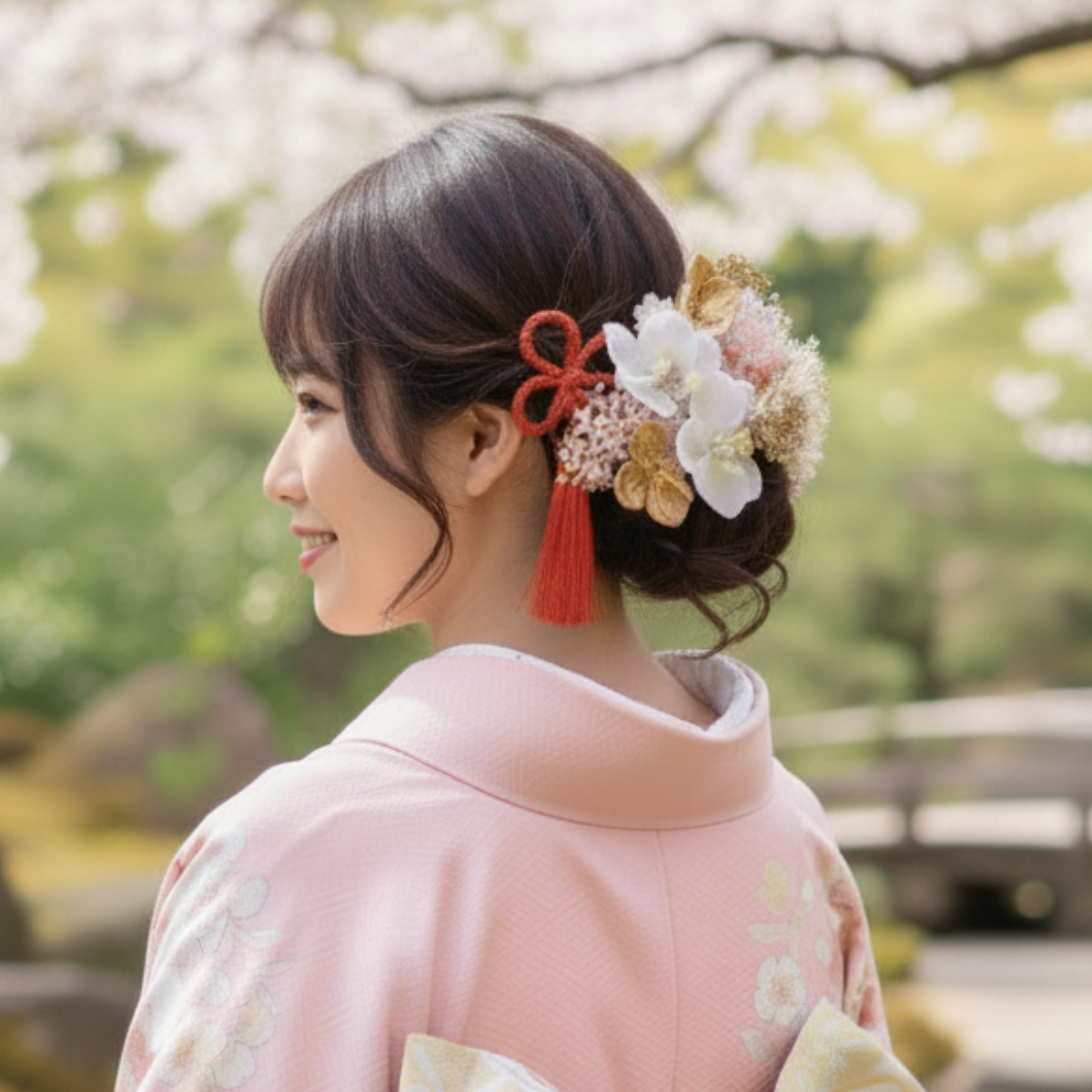 胡蝶蘭とゴールドかすみ草の髪飾り　花 卒業式 成人式 結婚式 プリザーブドフラワー ヘッドドレス 和装 髪かざり