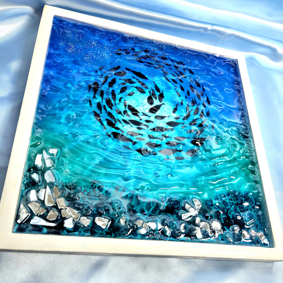 1205】波模様波紋ウッドレジントレー（大）レジンオーシャンアート