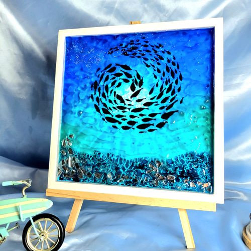 1225】オーシャンアート 立体波紋 ウッドレジン ティッシュケース 海