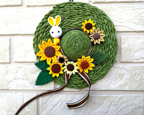 どんぐりアート 壁掛け リース 七夕、朝顔 麦わら帽子、サングラス