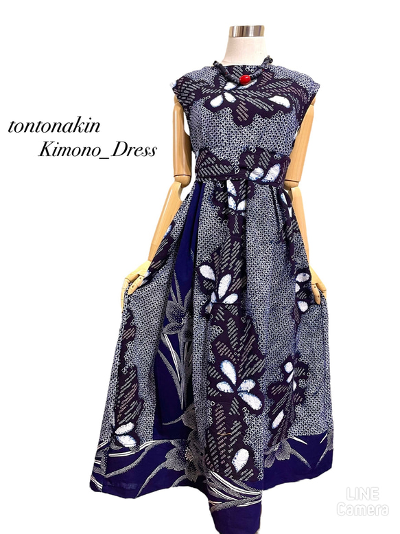 送料無料 着物 リメイク 有松鳴海絞り 藍染 真夏のワンピース ロング  
