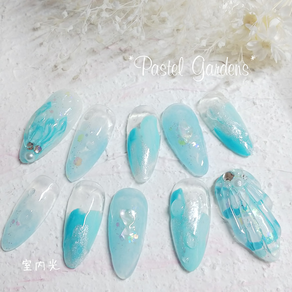 ライトブルー【夏の大人気しずく貝殻ネイルチップ 】シェル