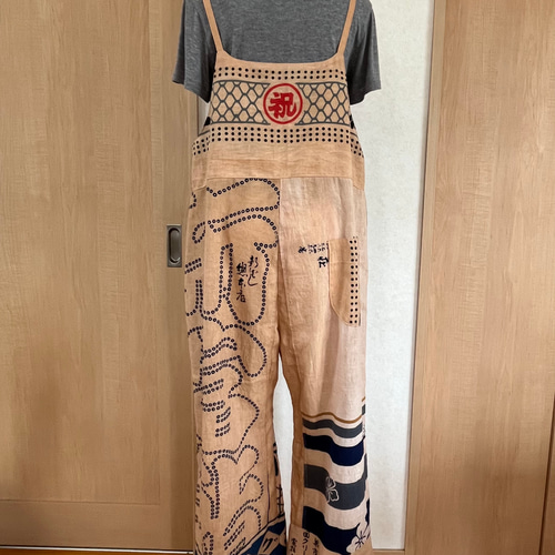 柿渋染め手ぬぐい ゆったりサロペットパンツ ロング丈男女兼用  