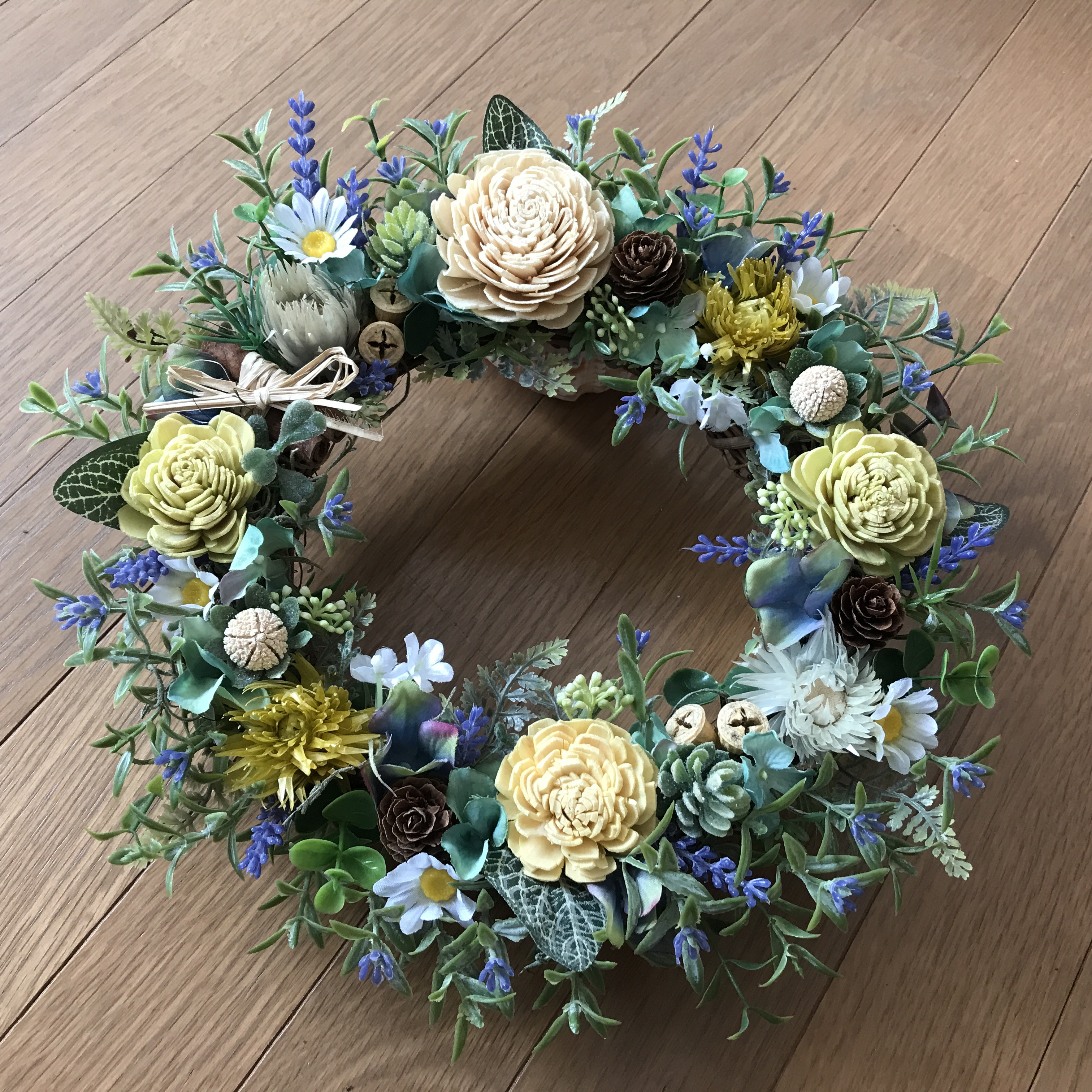 《 Creema 限定》ラベンダーとソラフラワーのグリーンリース＆ミモザとソラローズのアレンジの2セット（1組）