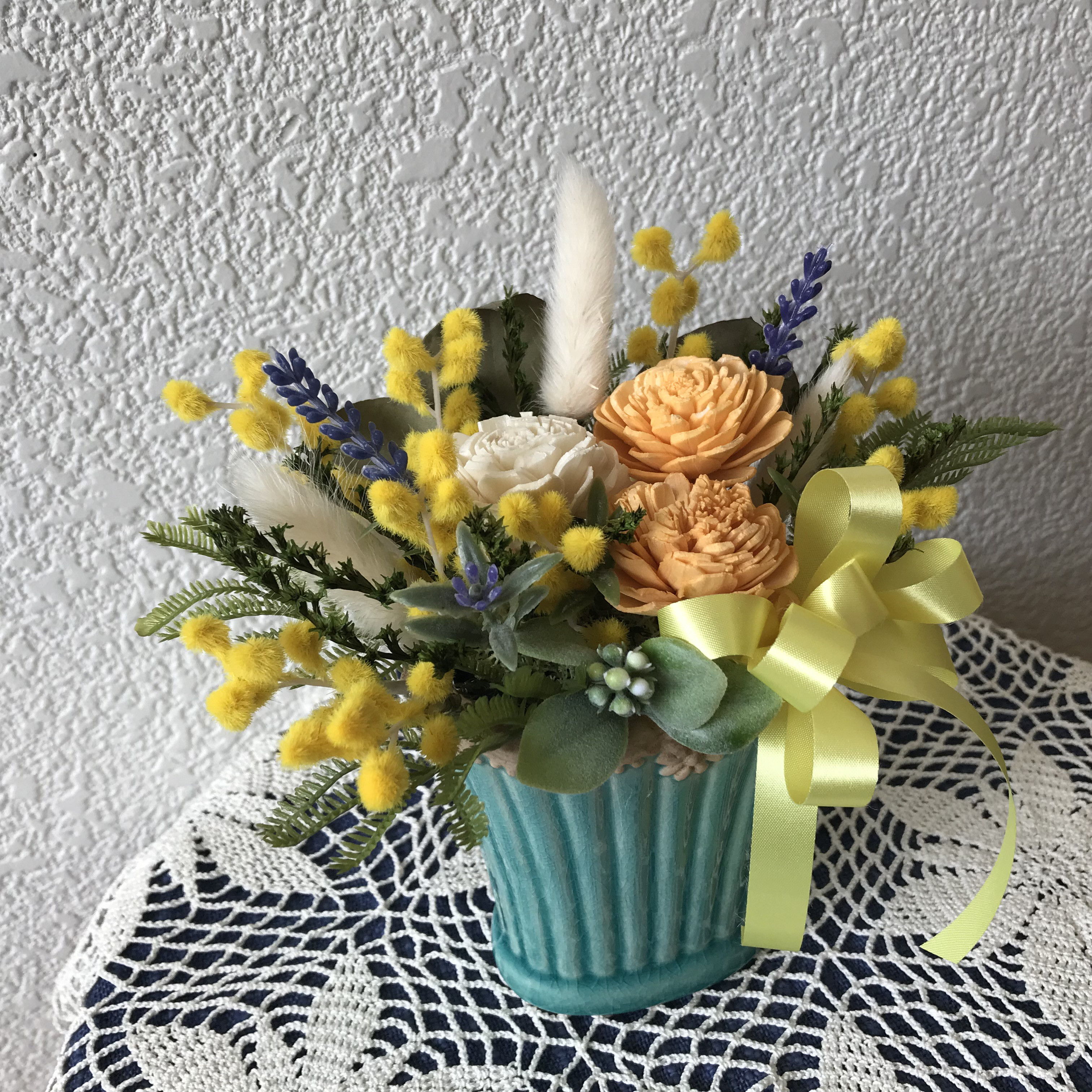 《 Creema 限定》ラベンダーとソラフラワーのグリーンリース＆ミモザとソラローズのアレンジの2セット（1組）