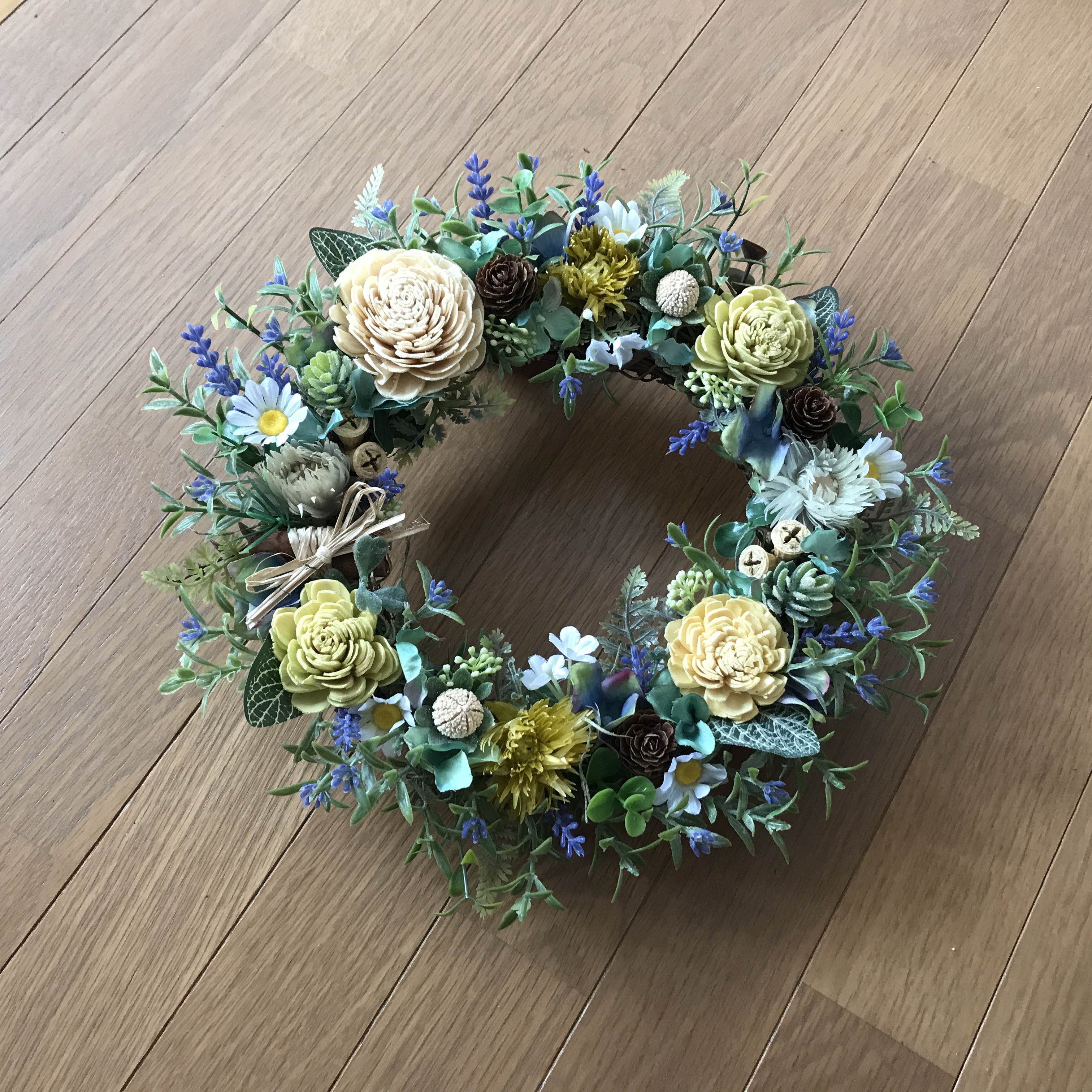 《 Creema 限定》ラベンダーとソラフラワーのグリーンリース＆ミモザとソラローズのアレンジの2セット（1組）