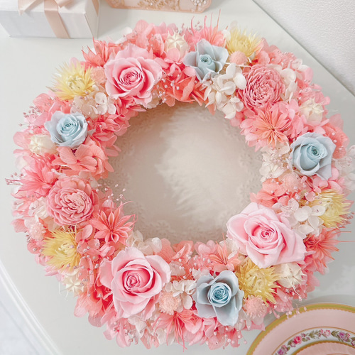 パステルカラーリース結婚祝出産祝父の日誕生日癒し植物枯れない花