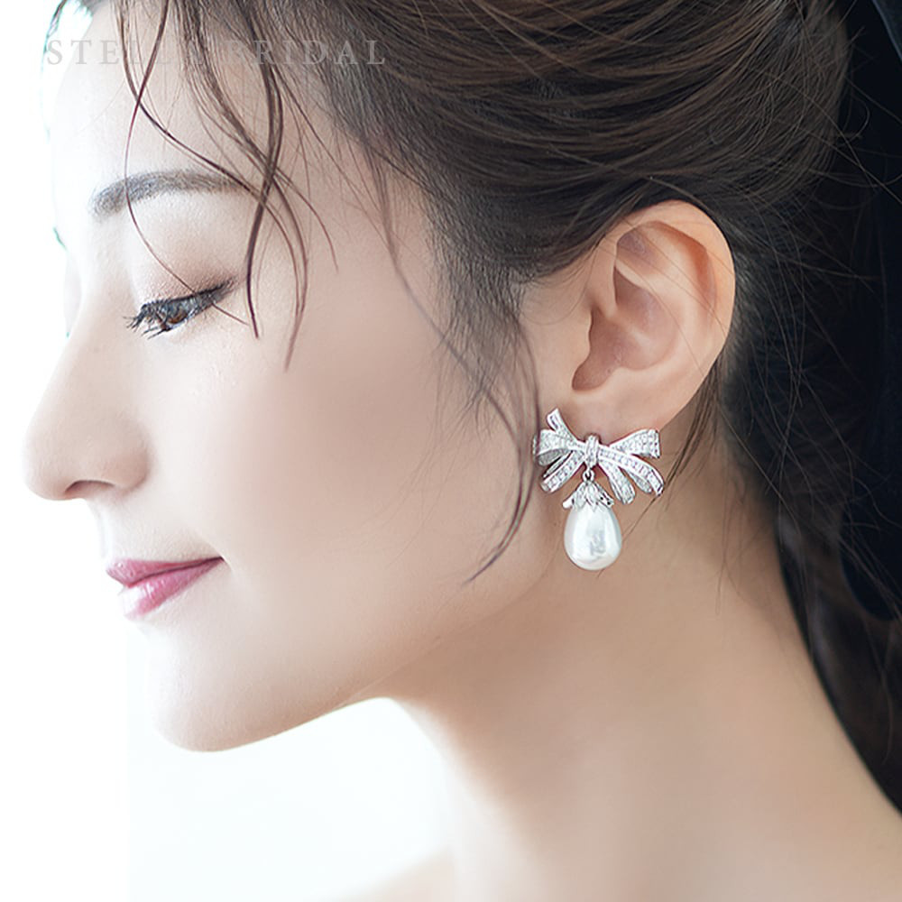 キュービックジルコニア ブライダルイヤリングorピアス クラシックリボン ドロップパール ｜ ウェディングアクセサリー