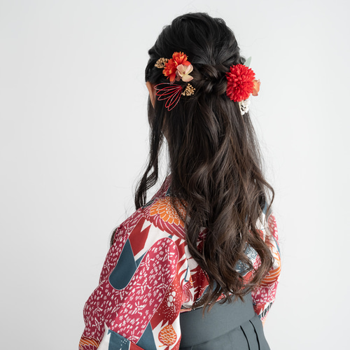 赤/緑/ピンクの卒業式袴髪飾り】ハーフアップCミディアム・ロングヘア