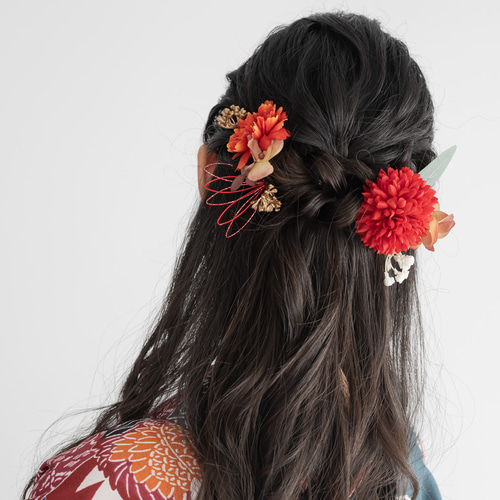 赤/緑/ピンクの卒業式袴髪飾り】ハーフアップCミディアム・ロングヘア