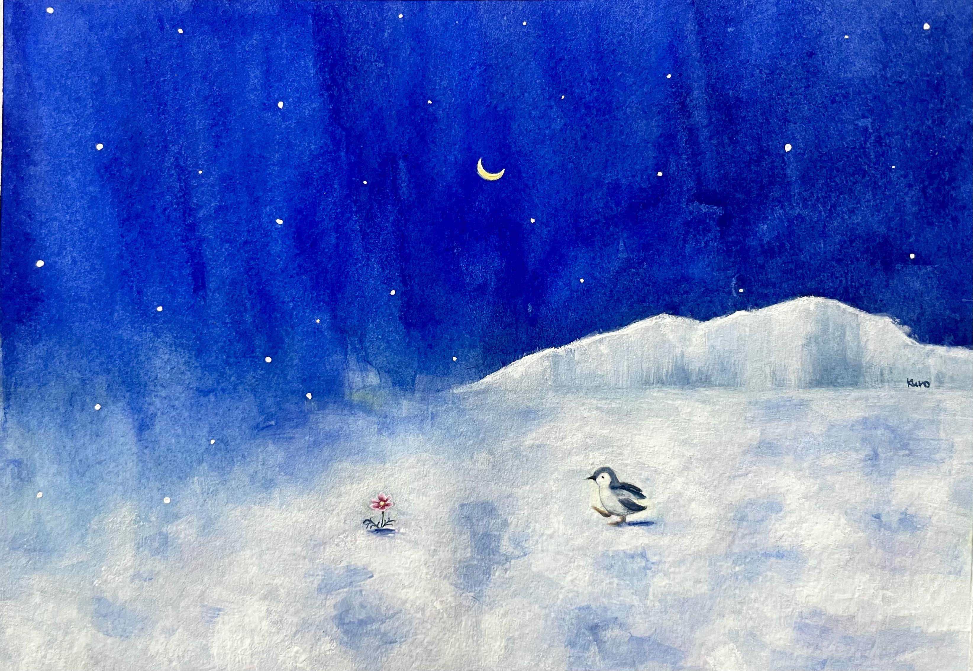 絵画　雪だるまとペンギン 2　A4サイズ　原画　額縁無し 絵画 雪だるまとペンギン 2 A4サイズ 原画 額縁無し正規 品