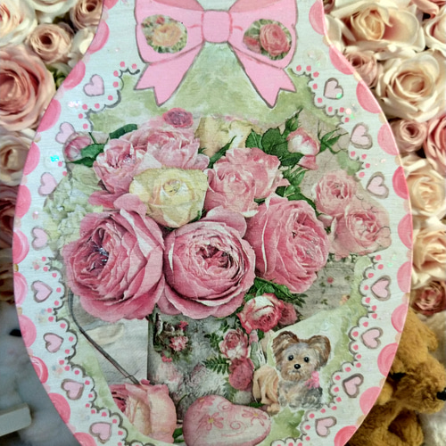 トールペイント&デコパージュ薔薇と犬(ヨークシャーテリア)壁掛け 文字  