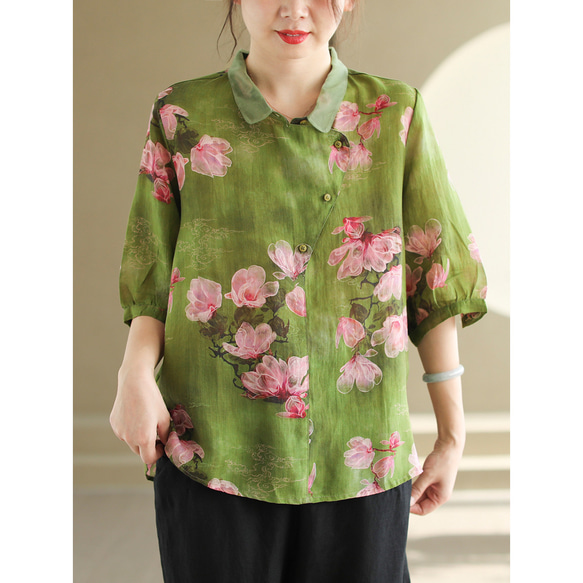 美品☆クリーニング済み　Plantation　長袖　ブラウス　麻　リネン　花柄 シャツ 麻 リネン 花柄 ブラウス【一目惚れ水彩花リネンブラウス