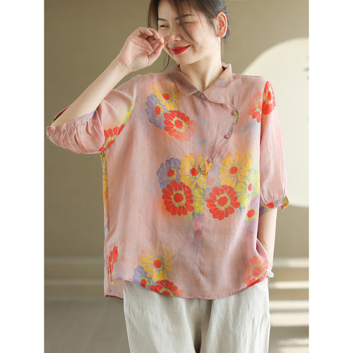 美品☆クリーニング済み　Plantation　長袖　ブラウス　麻　リネン　花柄 シャツ 麻 リネン 花柄 ブラウス【一目惚れ水彩花リネンブラウス