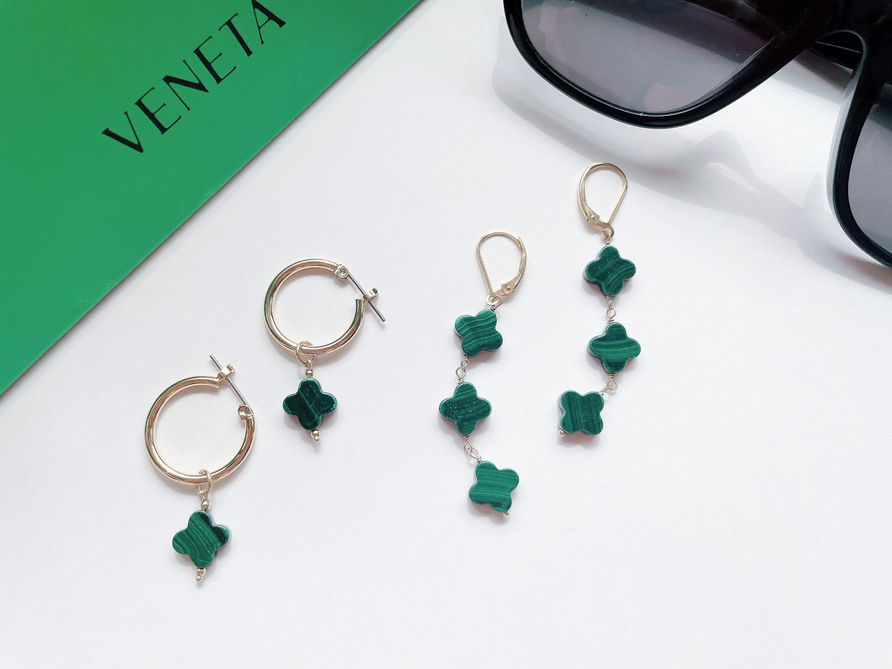 マラカイトクローバーロングピアス