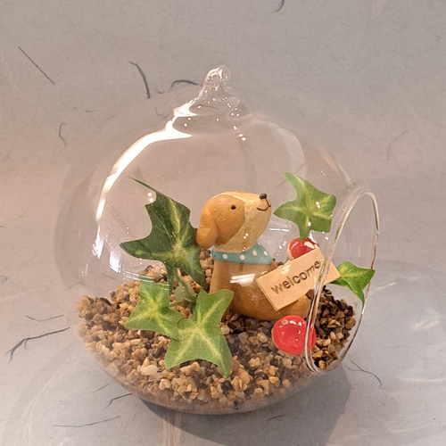 オーダー受付パネル♡ガラスドームの中のわんこ 新築祝い 開店祝い 玄関飾り 表札名入れいたします 子犬のガラスドーム