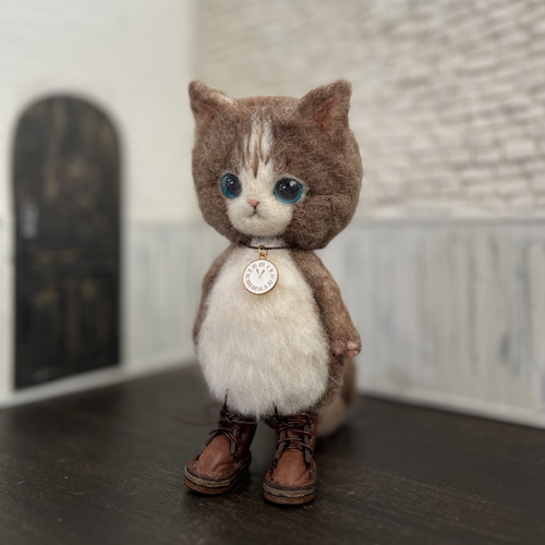 うさ耳帽子のごーぐるにゃんこ ぬいぐるみ 羊毛フェルト 羊毛フェルト