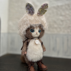 うさ耳帽子のごーぐるにゃんこ ぬいぐるみ　羊毛フェルト 7枚目の画像