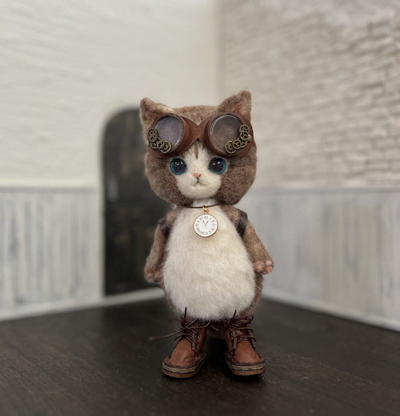 うさ耳帽子のごーぐるにゃんこ ぬいぐるみ　羊毛フェルト 8枚目の画像