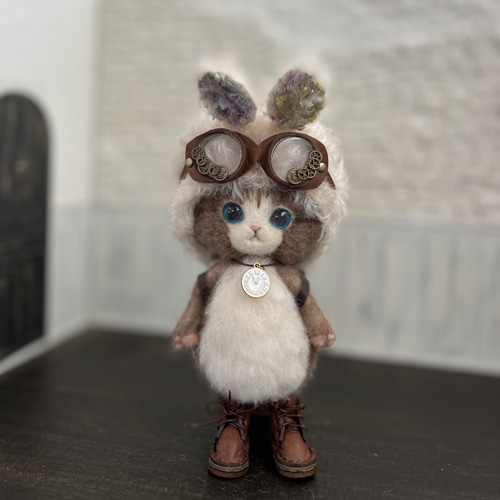 うさ耳帽子のごーぐるにゃんこ ぬいぐるみ 羊毛フェルト 羊毛