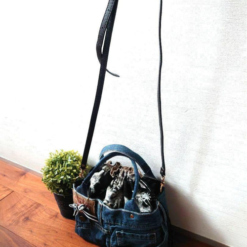 No.485【DENIM✖️ヤシの木✖️Stripe デニムリメイク巾着トート