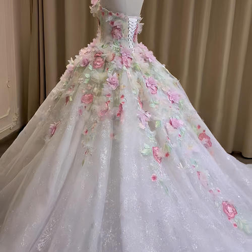 【サイズオーダー可】スイートピンク 花柄パーティドレス 憧れのドレス！可愛い ピンク お花飾り サイズオーダー可能