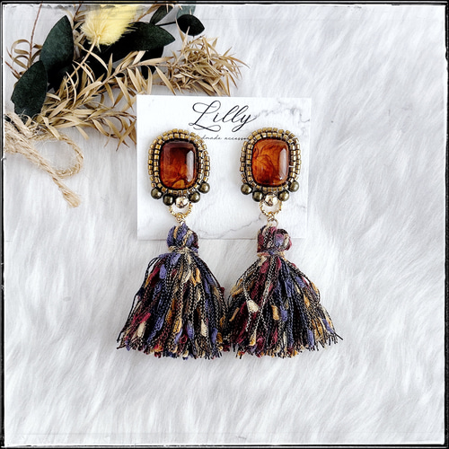 ビーズ刺繍 大ぶり タッセル アンティーク レトロ/個性的/ピアス