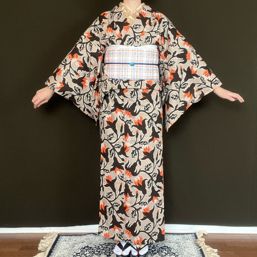 浴衣　レディース　新品　綿麻　花柄 utatane 浴衣 浴衣3点セット 綿麻 京美人花とモダン麻の葉柄