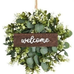 造花 ユーカリ リース ドライフラワー 花輪 木製看板【welcome