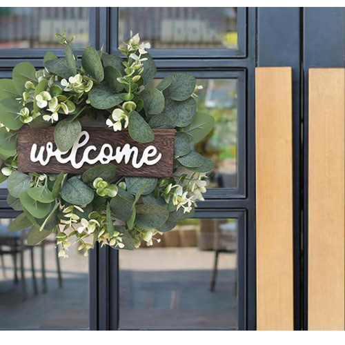 造花 ユーカリ リース ドライフラワー 花輪 木製看板【welcome