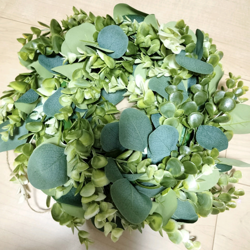 ユーカリと木ノ実と花々　リース 造花 ユーカリ リース ドライフラワー 花輪 木製看板【welcome