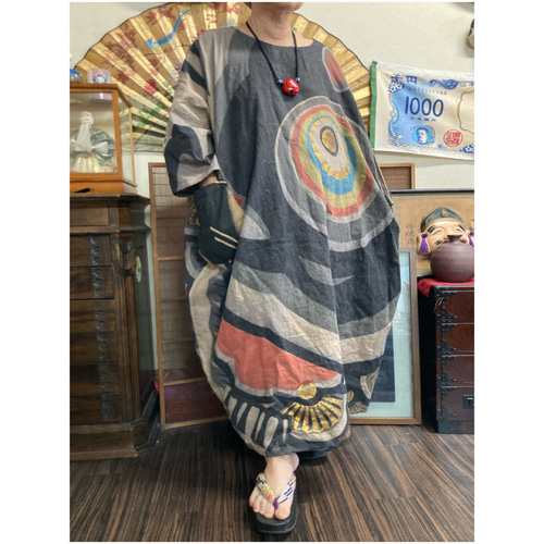 ねこ手ぬぐい♥リメイクワンピース 柿渋染め 古布リメイク