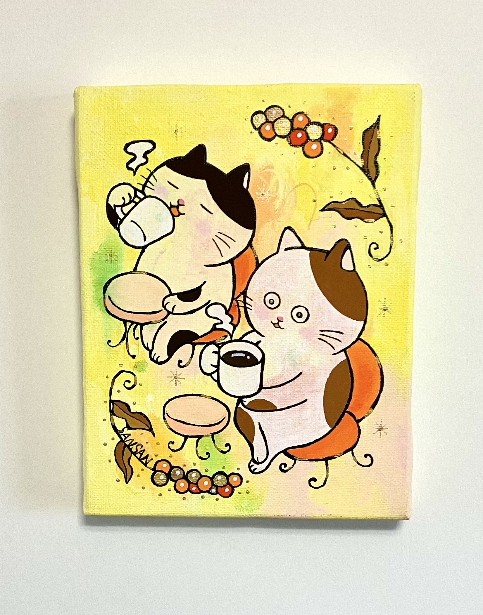 絵画。原画☆キャンバスF6【かわいい猫2匹とビールを飲みます】