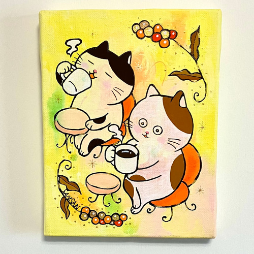 むっちとぽっちゃ至福のコーヒータイム」原画 キャンバスにアクリル