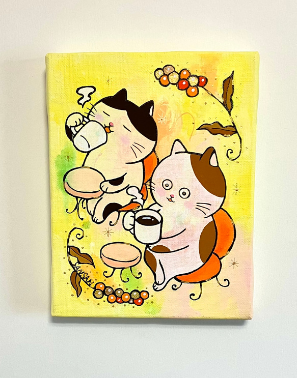 むっちとぽっちゃ至福のコーヒータイム」原画 キャンバスにアクリル