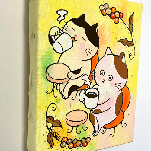 むっちとぽっちゃ至福のコーヒータイム」原画 キャンバスにアクリル