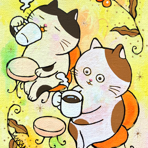 むっちとぽっちゃ至福のコーヒータイム」原画 キャンバスにアクリル