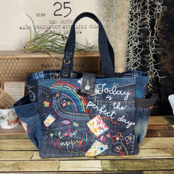 特大デニムバック　No.599　デニムリメイク　刺繍デニムバック　大きなバック cf8563be5d4c04abdfcfa2a7b68eb6