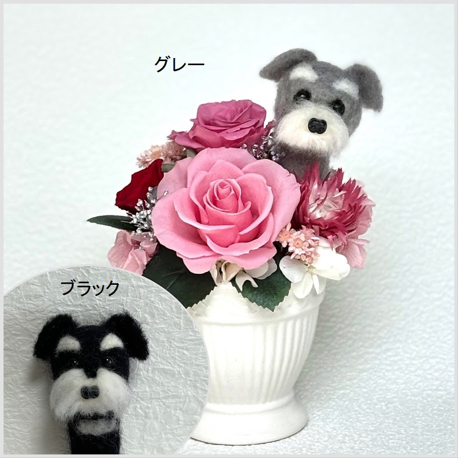 ちょこんと顔出す　シュナウザー(右側）＆　プリザーブドフラワー（ピンク・赤色系）/　羊毛フェルト　犬　花　犬好き
