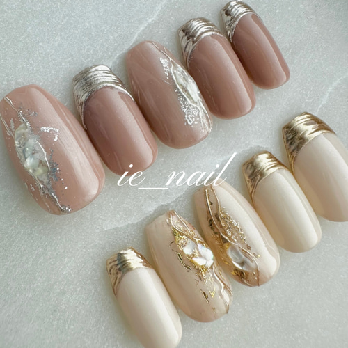 ニュアンスネイル ミラー フレンチ ネイルチップ 春ネイル ハンドメイド ミラーフレンチ×シェルの大人夏ネイル ネイルチップ（つけ爪） nail_ie