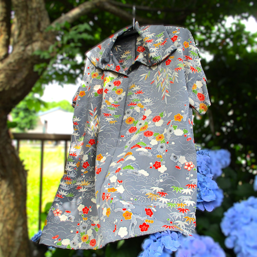 和の布創作服> 丹後ちりめんのマニッシュなブラウス 絹 着物 和の布創作服> 丹後ちりめんのマニッシュなブラウス 絹 着物