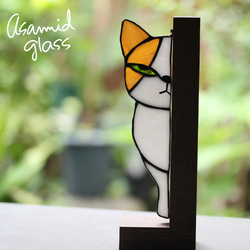 ステンドグラス　こちらを見つめるジト目の猫ちゃん　ハチワレ茶白 3枚目の画像