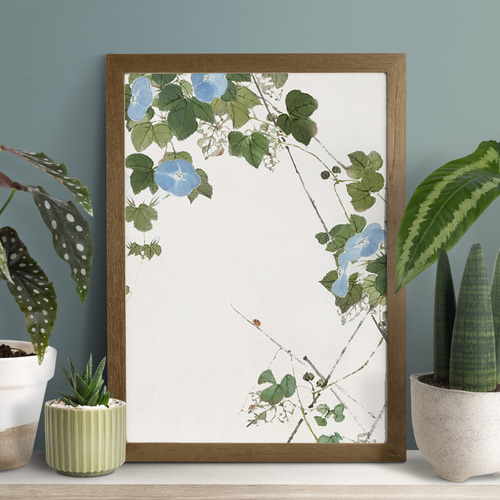 青色朝顔の花とてんとう虫日本画アートポスター☆夏インテリア和室和