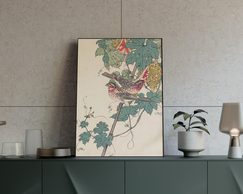 鳥と花の日本画 大判 鳥と花の日本画 大判 山本梅逸《花鳥図》三幅対右
