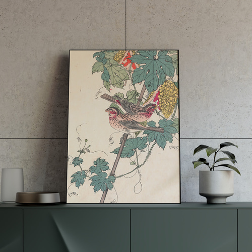 花鳥図日本画アートポスター☆秋ボタニカル植物☆和モダン和室